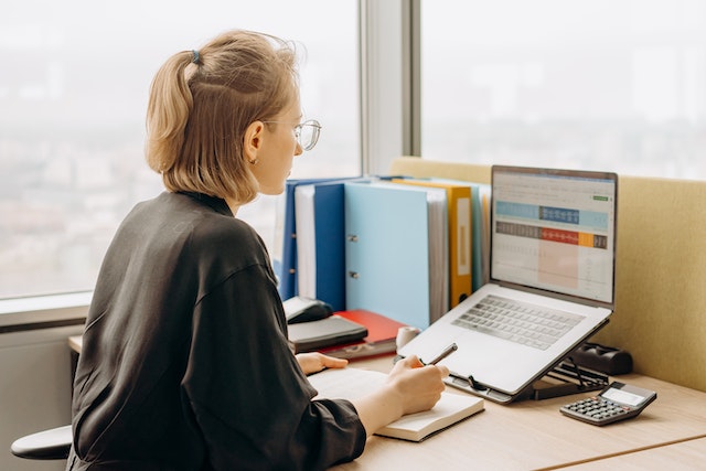 woman looking at laptop screen